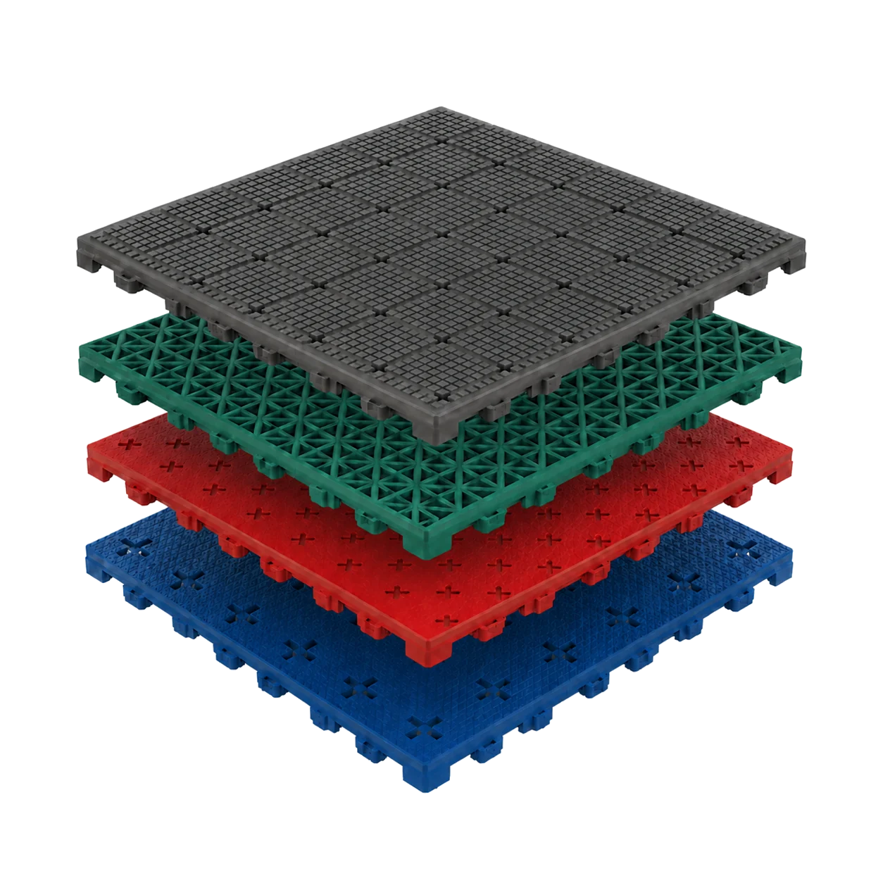 Exploded modular sports court tile system