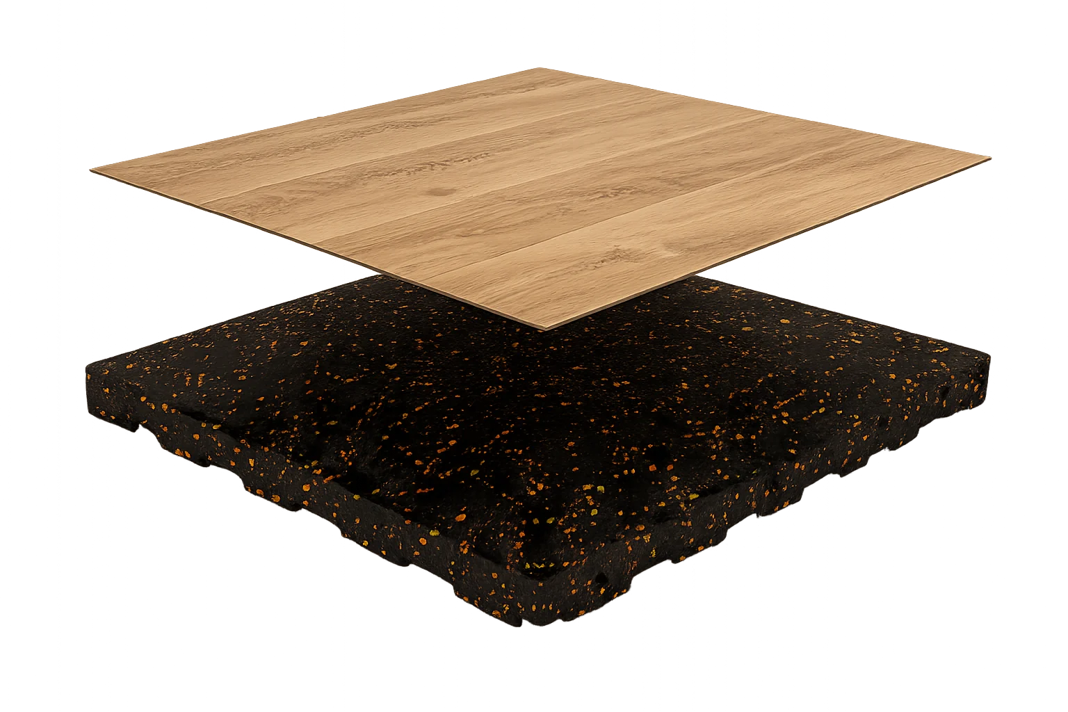 Exploded layers of woodgrain rubber flooring