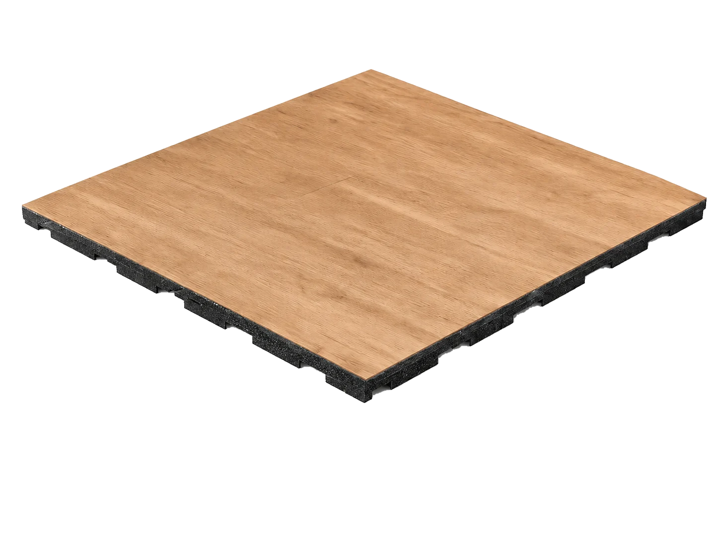 Woodgrain rubber floor tile with black interlocking underside